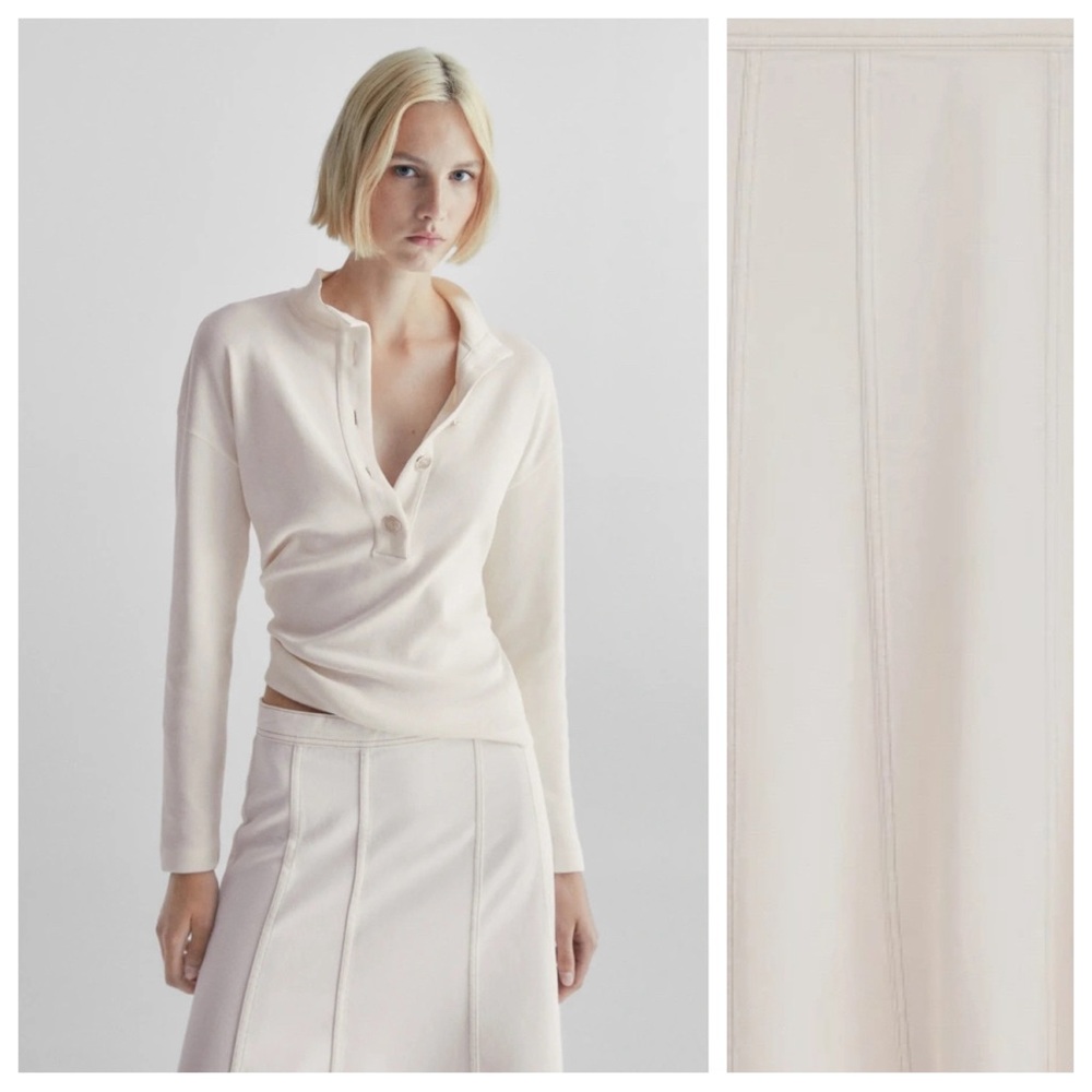 NWT. Massimo Dutti Off White Denim High Waisted Panel Midi Skirt. Size 2, 4. - Picture 2 of 11
